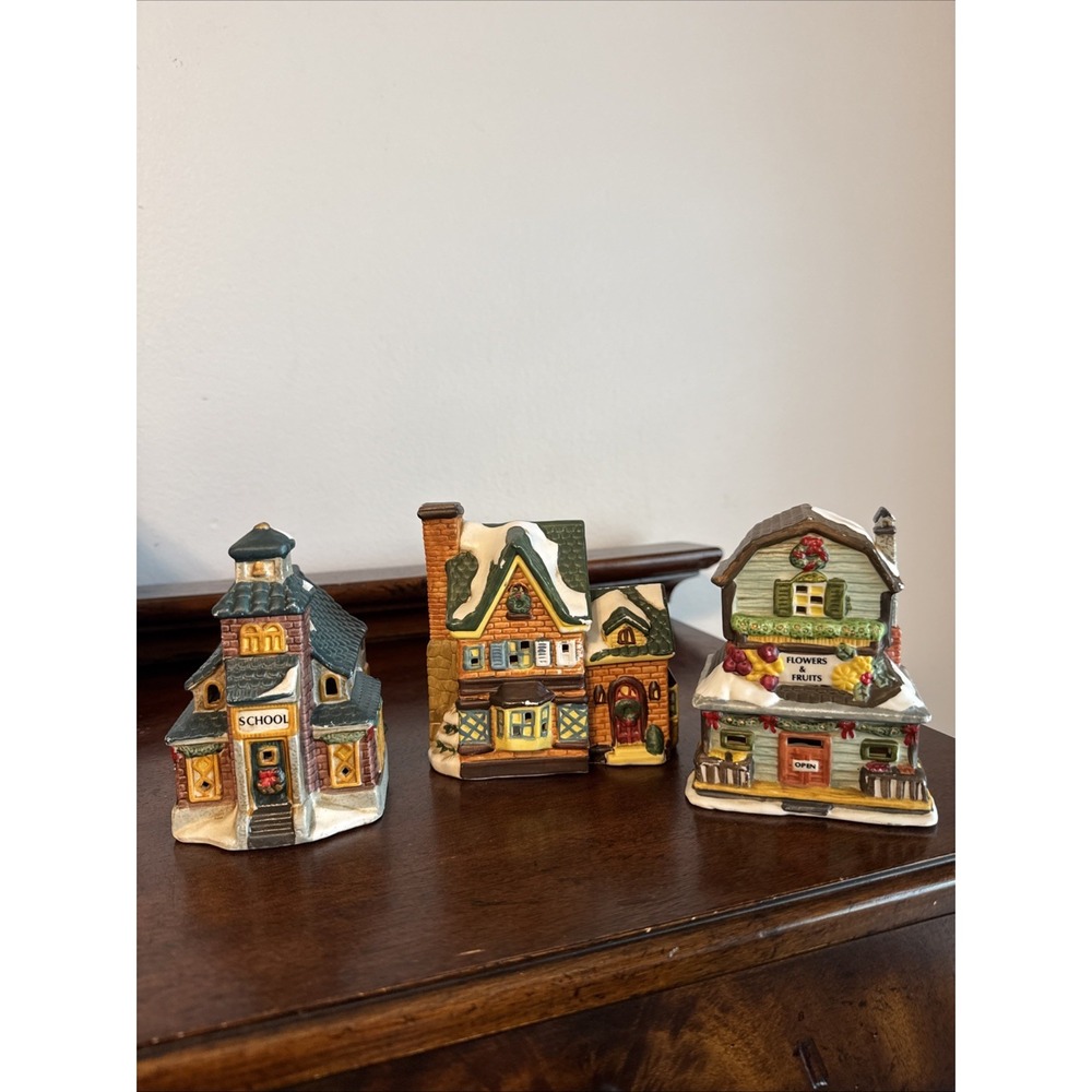 3 Pc. Vintage Christmas Village Flowers & Fruits, School & House Lot
